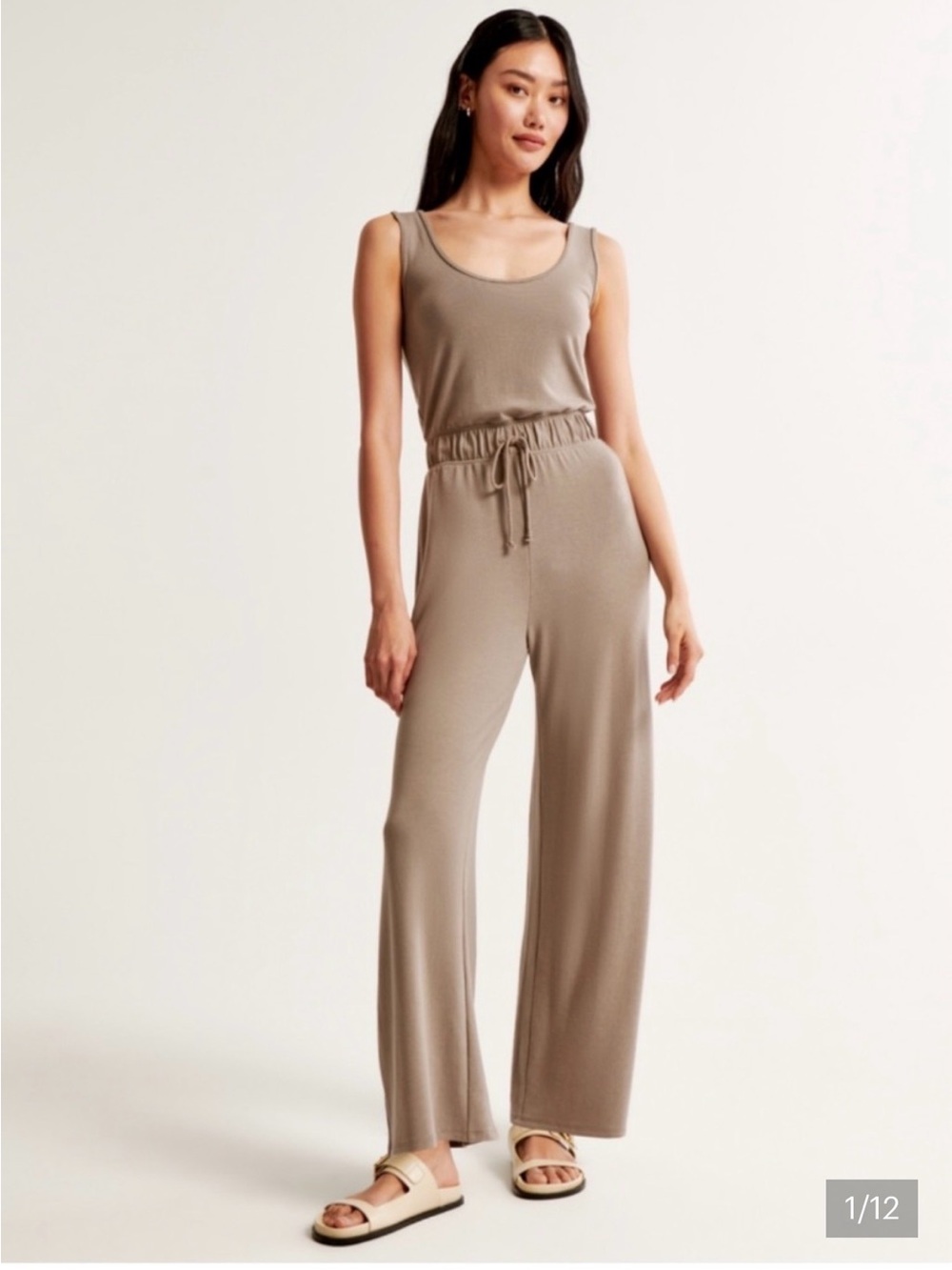 Abercrombie & Fitch Lounge Scoopneck Wideleg Jumpsuit Tan Women’s Size Medium